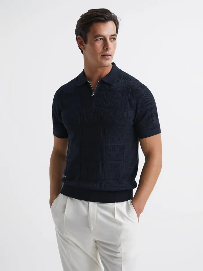 Reiss Knitwear Mosaic Half Zip Textured Polo Shirt Airforce Blue 8211 Men