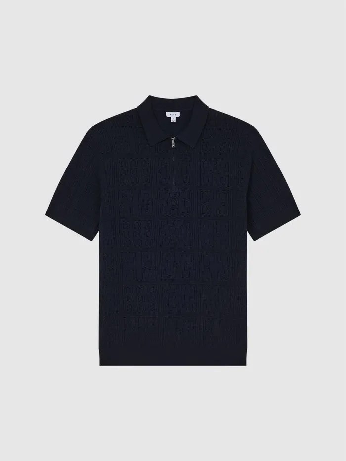 Reiss Knitwear Mosaic Half Zip Textured Polo Shirt Airforce Blue 8211 Men