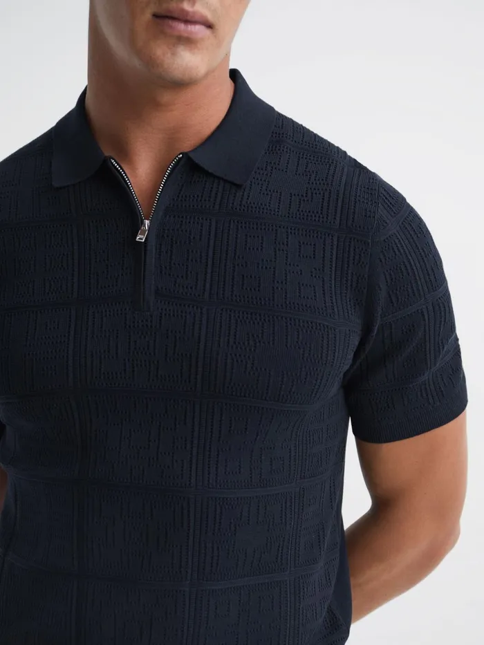Reiss Knitwear Mosaic Half Zip Textured Polo Shirt Airforce Blue 8211 Men