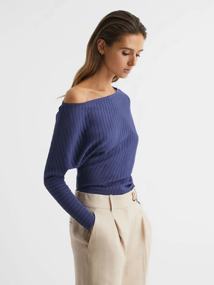 Reiss Knitwear Sage OffTheShoulder Sheer Detail Jumper Navy 8211 Women