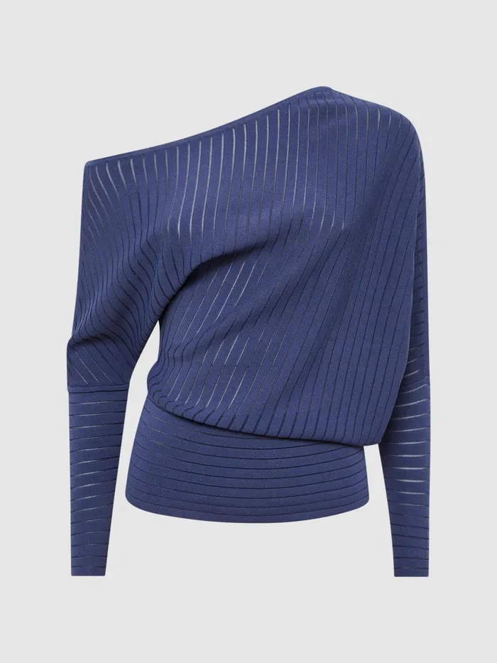 Reiss Knitwear Sage OffTheShoulder Sheer Detail Jumper Navy 8211 Women