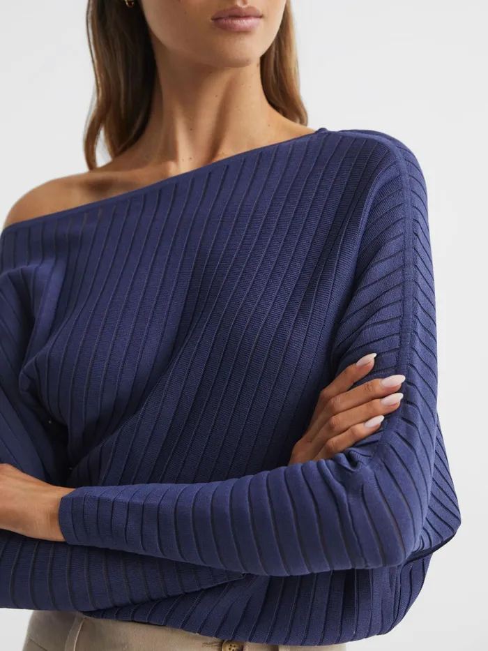 Reiss Knitwear Sage OffTheShoulder Sheer Detail Jumper Navy 8211 Women