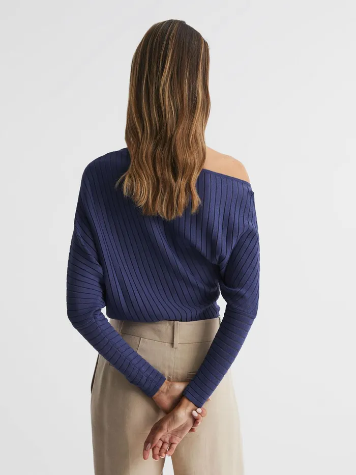 Reiss Knitwear Sage OffTheShoulder Sheer Detail Jumper Navy 8211 Women
