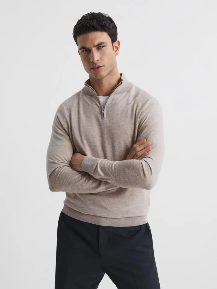 Reiss Knitwear Sierra Merino Silk Slim Fit Zip Neck Jumper Oatmeal 8211 Men