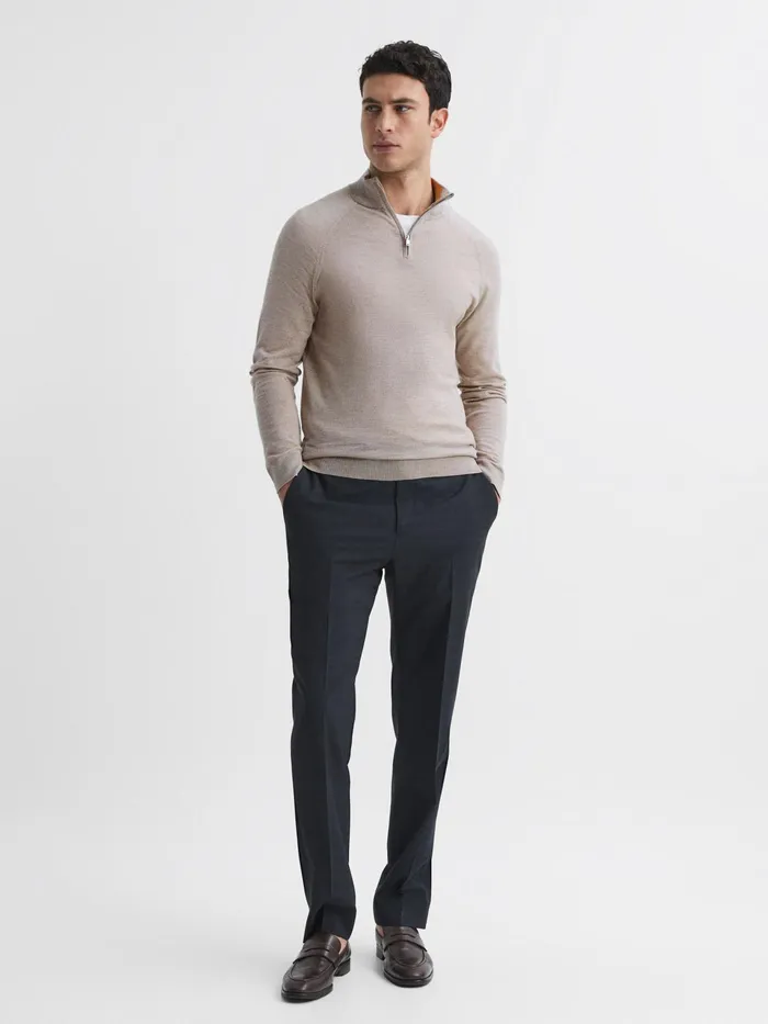 Reiss Knitwear Sierra Merino Silk Slim Fit Zip Neck Jumper Oatmeal 8211 Men