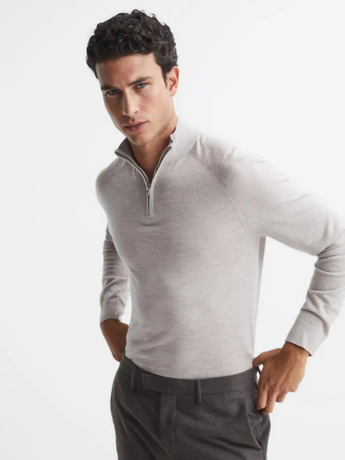 Reiss Knitwear Sierra Merino Silk Slim Fit Zip Neck Jumper Oatmeal 8211 Men