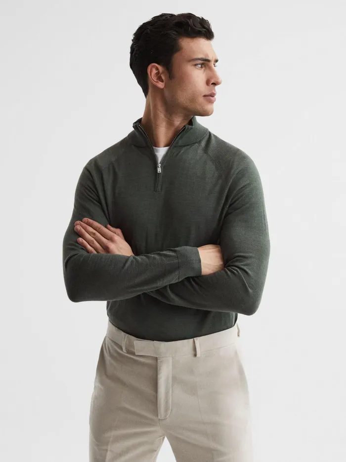 Reiss Knitwear Sierra Merino Silk Slim Fit Zip Neck Jumper Sage 8211 Men