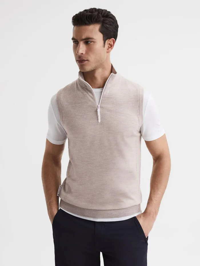 Reiss Knitwear Wedge Golf Merino Sleeveless HalfZip Jumper Stone Melange 8211 Men Reiss Knitwear Wedge Golf Merino Sleeveless HalfZip Jumper Stone Melange 8211 Men