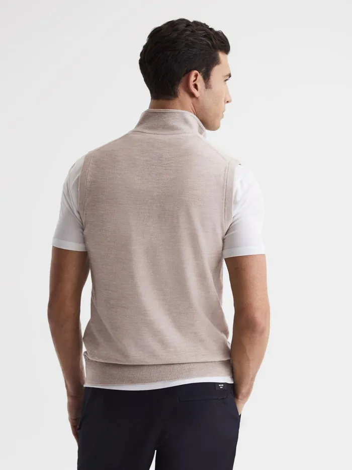 Reiss Knitwear Wedge Golf Merino Sleeveless HalfZip Jumper Stone Melange 8211 Men