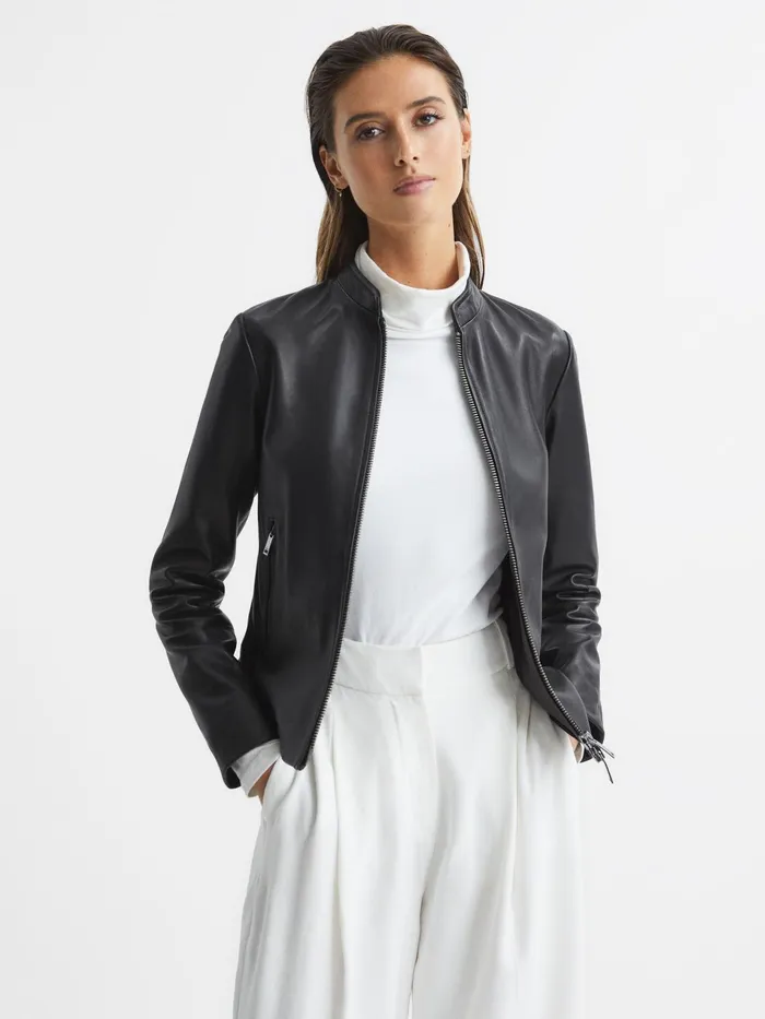 Reiss Leather Jackets Allie Leather Collarless Biker Jacket Black 8211 Women
