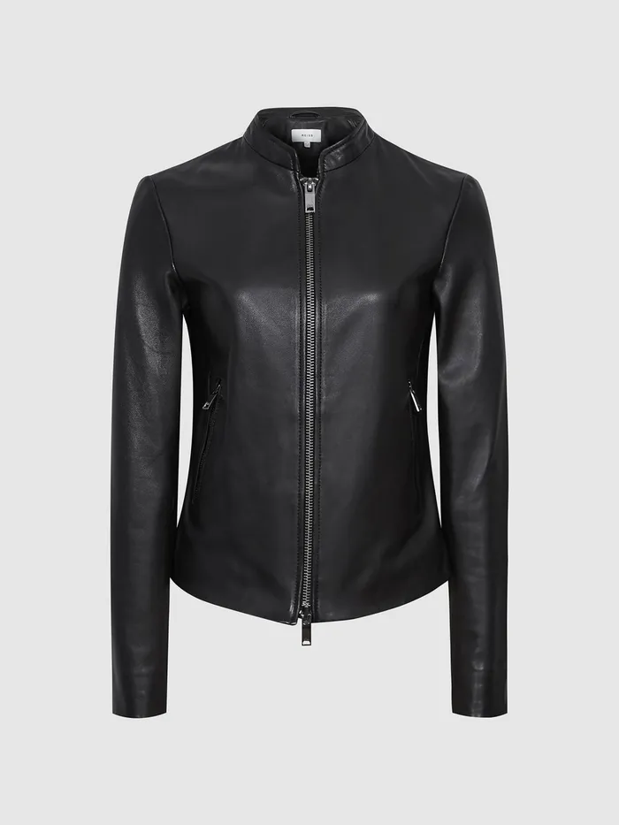 Reiss Leather Jackets Allie Leather Collarless Biker Jacket Black 8211 Women