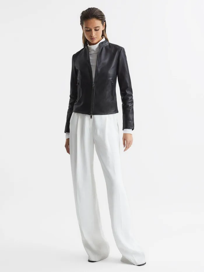 Reiss Leather Jackets Allie Leather Collarless Biker Jacket Black 8211 Women