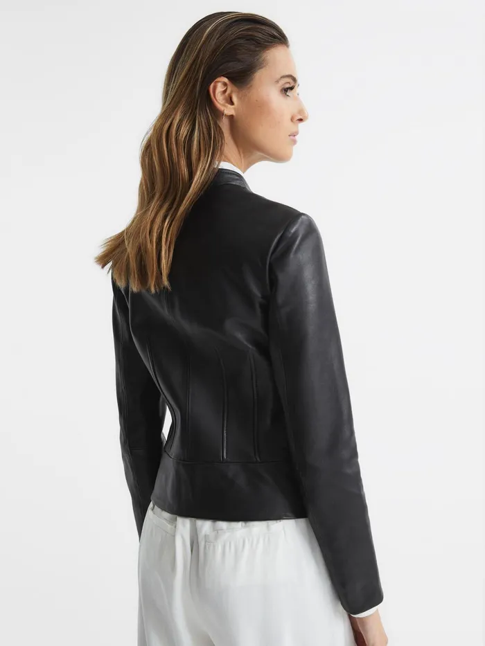 Reiss Leather Jackets Allie Leather Collarless Biker Jacket Black 8211 Women
