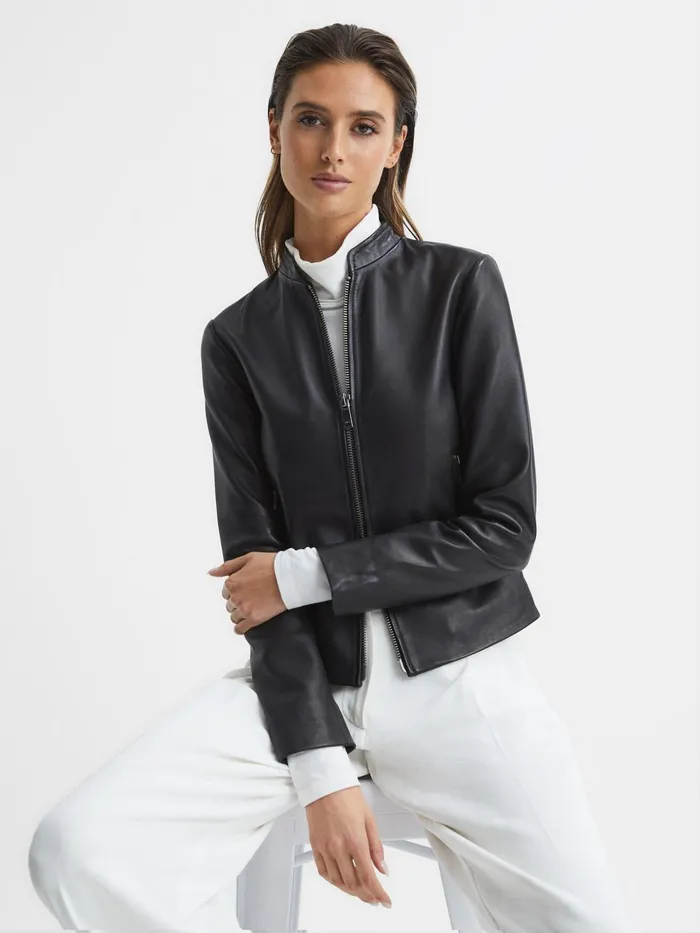 Reiss Leather Jackets Allie Leather Collarless Biker Jacket Black 8211 Women