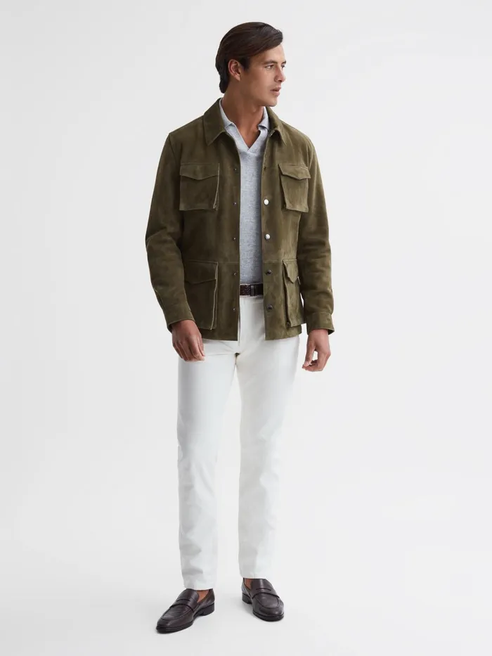 Reiss Leather Jackets Mays Suede Long Sleeve Four Pocket Jacket Sage 8211 Men