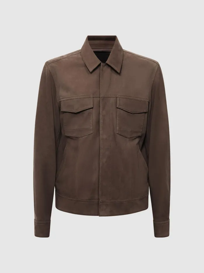 Reiss Leather Jackets Pedro Paige Suede Long Sleeve Twin Pocket Jacket Espresso Bean 8211 Men