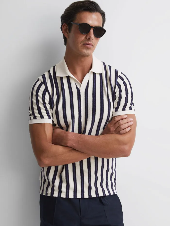 Reiss Polo Shirts Kudeta Towelling Open Collar Polo Shirt Blueecru 8211 Men