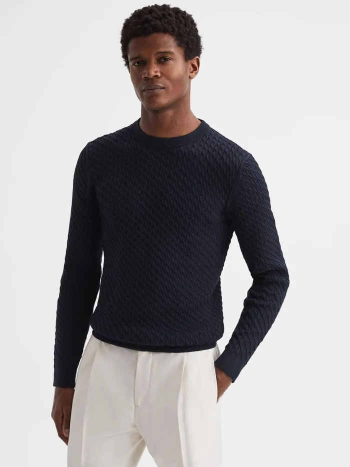 Reiss Shirts Arran Crew Neck Cable Knit Jumper Navy 8211 Men
