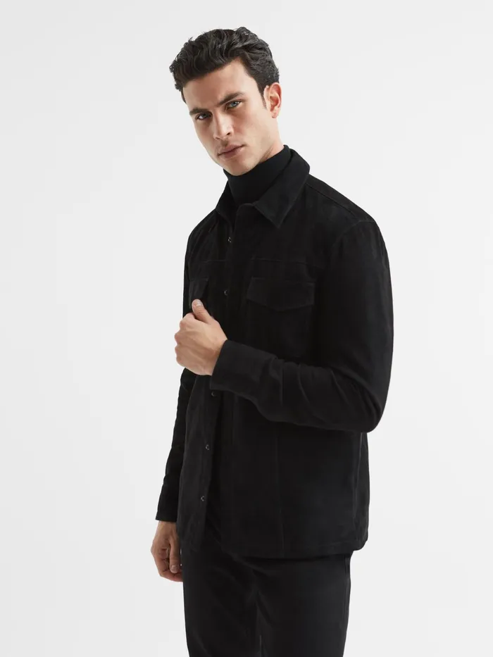 Reiss Shirts Baltimore PAIGE Twin Pocket Suede Overshirt Black 8211 Men