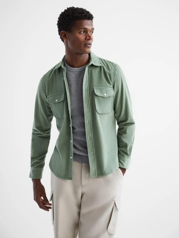 Reiss Shirts Bonucci Corduroy Twin Pocket Overshirt Sage 8211 Men