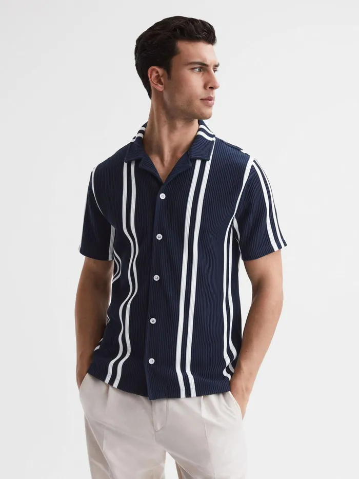 Reiss Shirts Castle Slim Fit Ribbed Cuban Collar Shirt Navywhite 8211 Men