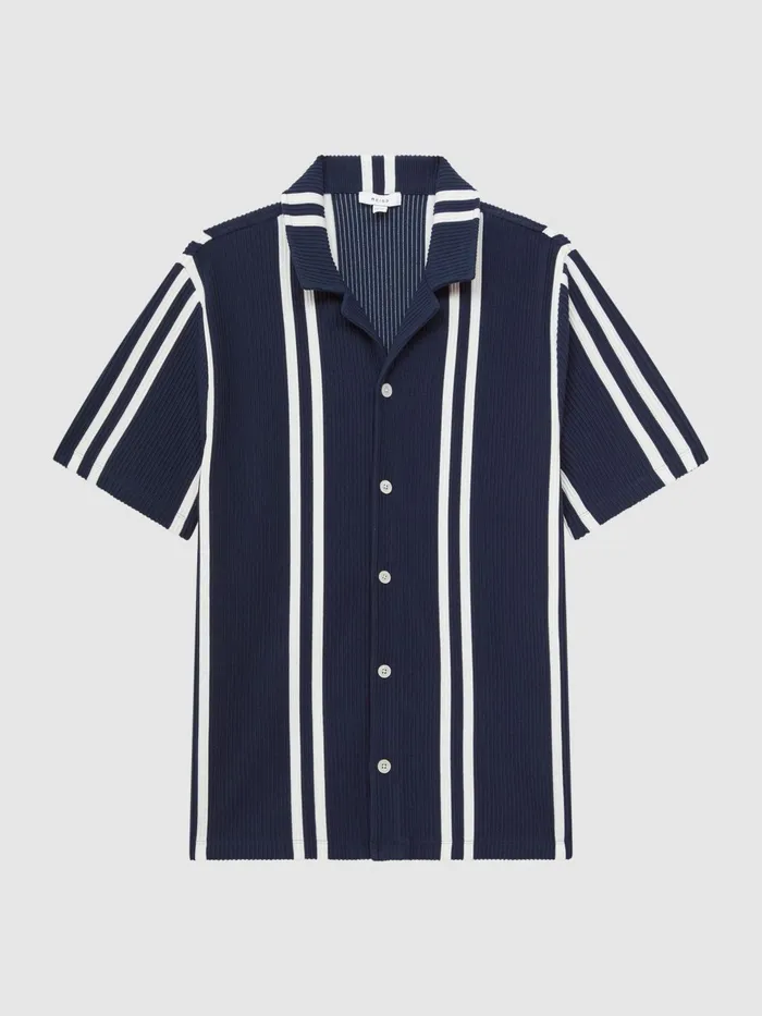 Reiss Shirts Castle Slim Fit Ribbed Cuban Collar Shirt Navywhite 8211 Men