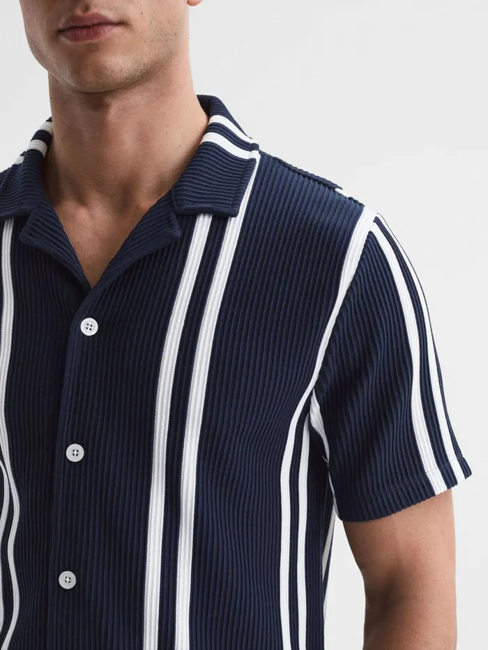 Reiss Shirts Castle Slim Fit Ribbed Cuban Collar Shirt Navywhite 8211 Men