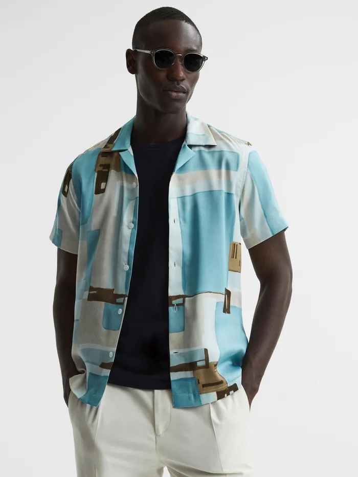 Reiss Shirts Deekay Cuban Collar Abstract Print Shirt Soft Blue 8211 Men