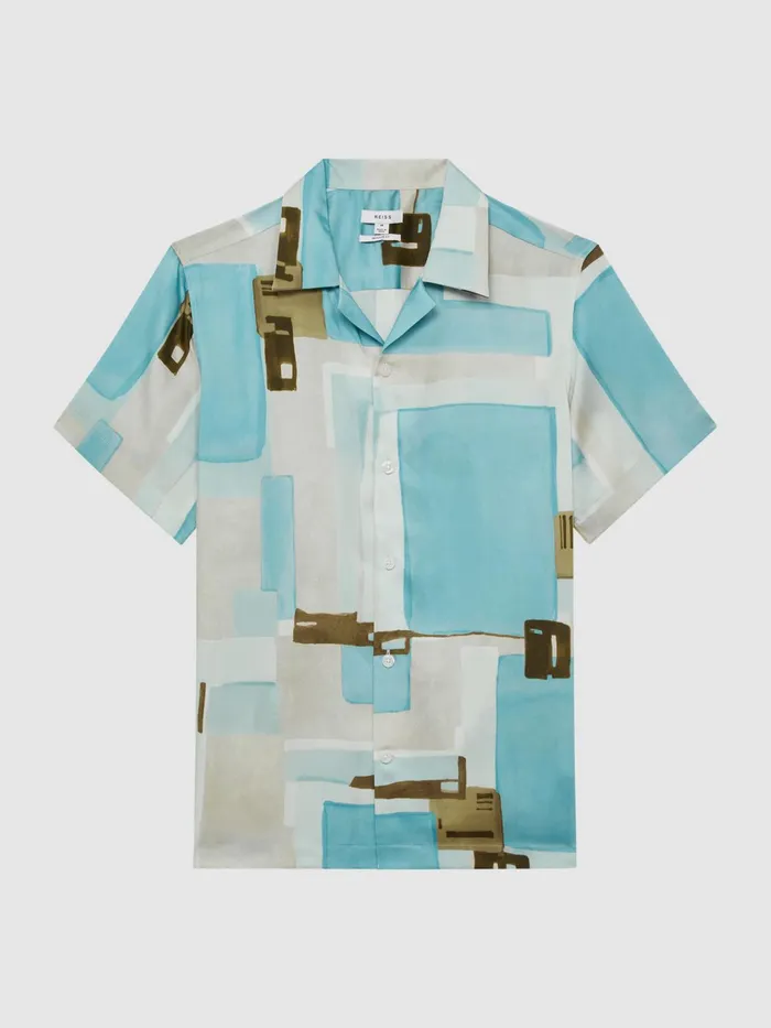Reiss Shirts Deekay Cuban Collar Abstract Print Shirt Soft Blue 8211 Men