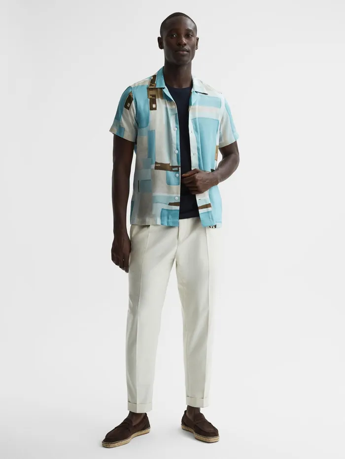 Reiss Shirts Deekay Cuban Collar Abstract Print Shirt Soft Blue 8211 Men