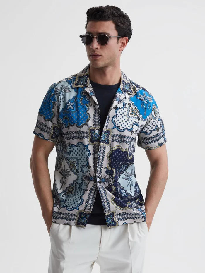 Reiss Shirts Eden Paisley Print Cuban Collar Shirt Blue Multi 8211 Men