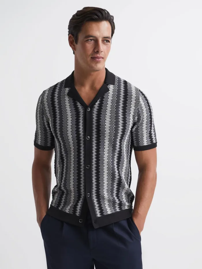 Reiss Shirts Gibbon Cuban Collar Striped Button Through Shirt Anthrasite 8211 Men