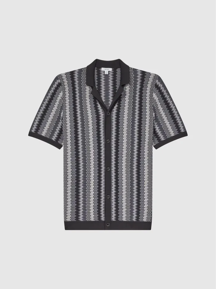 Reiss Shirts Gibbon Cuban Collar Striped Button Through Shirt Anthrasite 8211 Men