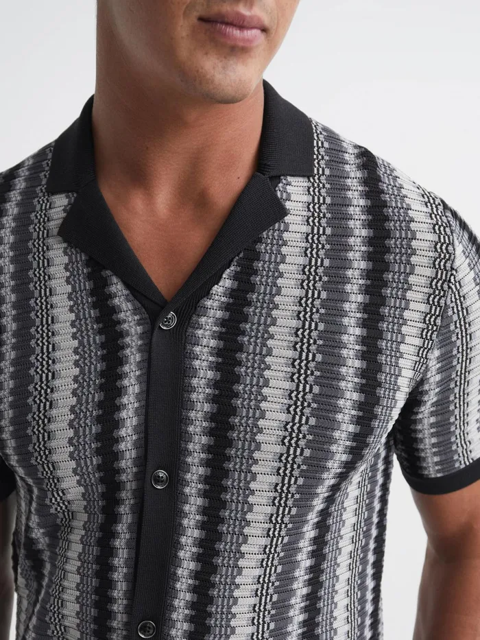 Reiss Shirts Gibbon Cuban Collar Striped Button Through Shirt Anthrasite 8211 Men