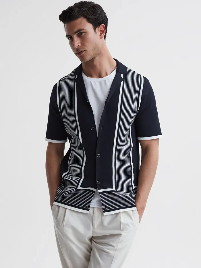 Reiss Shirts Heath Striped Cuban Collar Shirt Navywhite 8211 Men