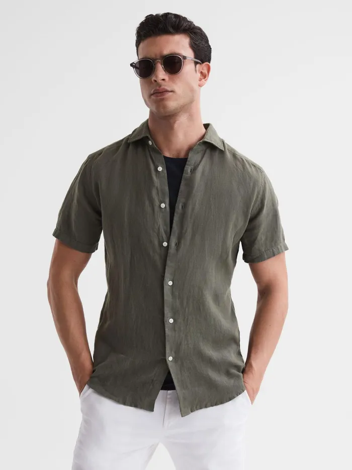 Reiss Shirts Holiday Linen Slim Fit Shirt Olive 8211 Men