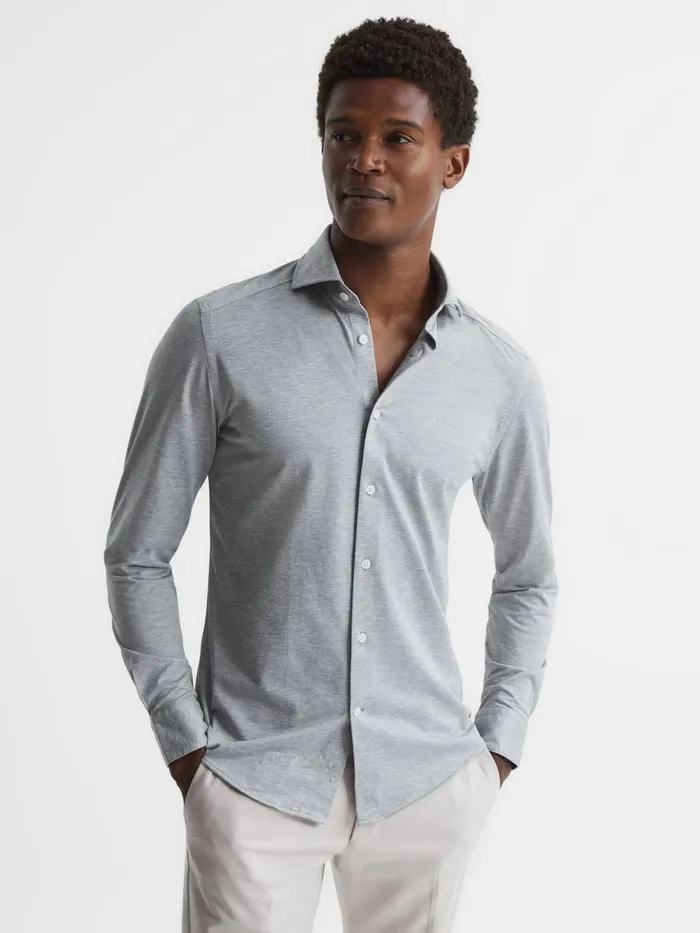 Reiss Shirts Nate Cutaway Collar Jersey Slim Fit Shirt Grey Melange 8211 Men