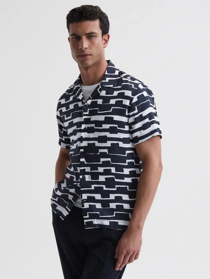 Reiss Shirts Oakland Abstract Printed Cuban Collar Shirt Navywhite 8211 Men