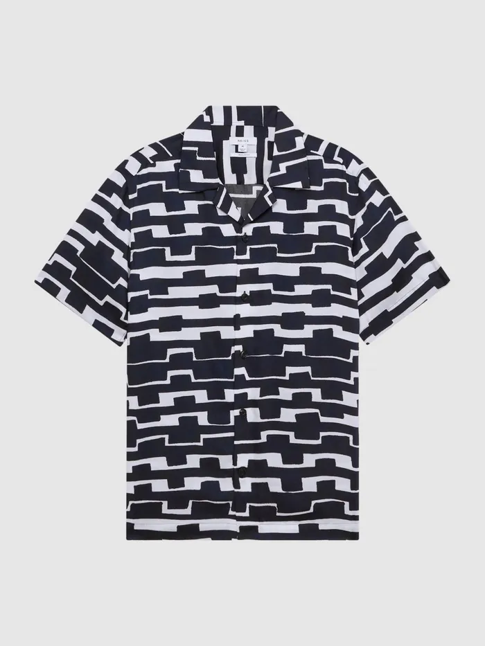 Reiss Shirts Oakland Abstract Printed Cuban Collar Shirt Navywhite 8211 Men