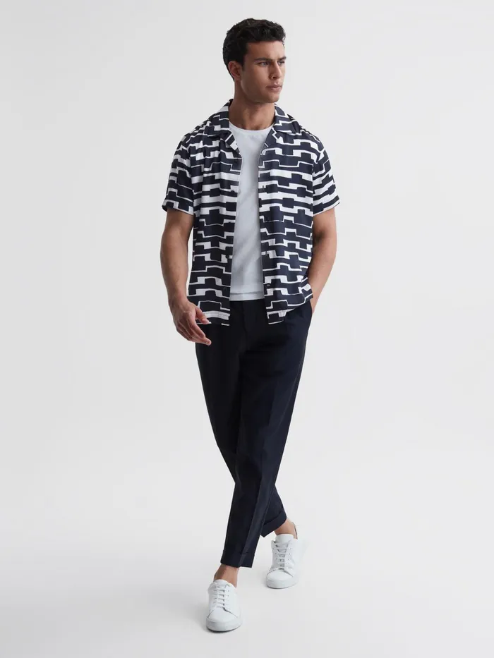 Reiss Shirts Oakland Abstract Printed Cuban Collar Shirt Navywhite 8211 Men