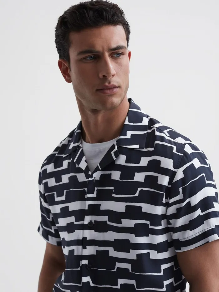 Reiss Shirts Oakland Abstract Printed Cuban Collar Shirt Navywhite 8211 Men