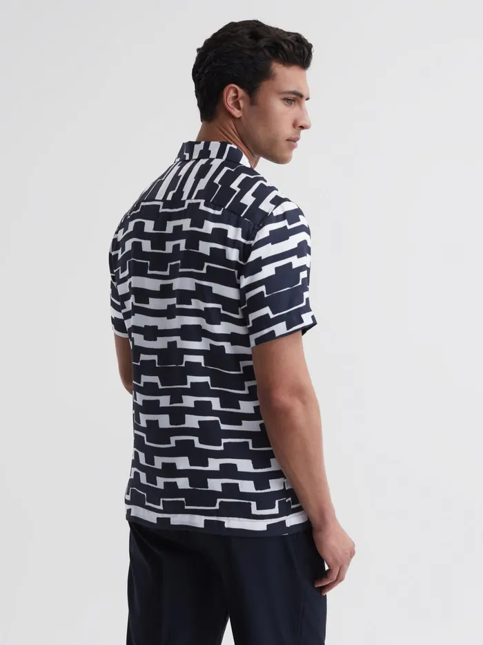 Reiss Shirts Oakland Abstract Printed Cuban Collar Shirt Navywhite 8211 Men