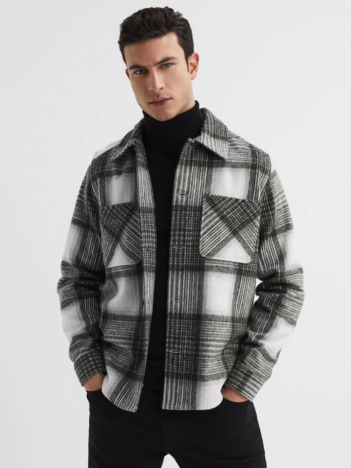 Reiss Shirts Ohio Brushed Checked Overshirt Grey 8211 Men