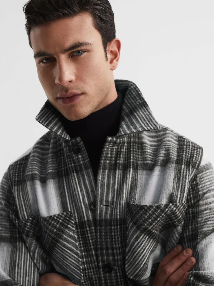 Reiss Shirts Ohio Brushed Checked Overshirt Grey 8211 Men
