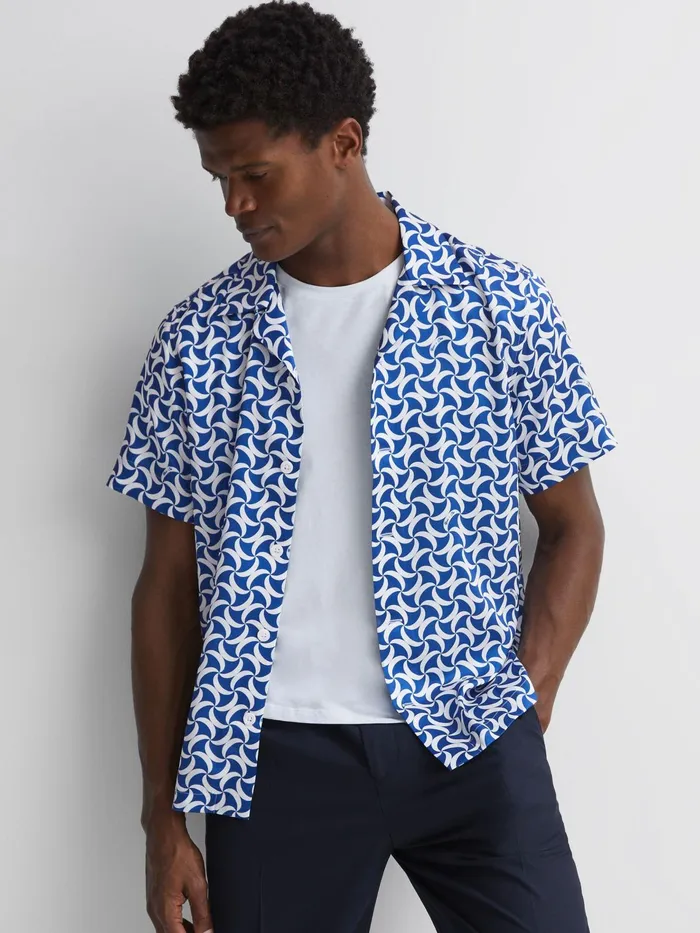 Reiss Shirts Raith Reiss Ch Printed Cuban Collar ButtonThrough Shirt Bright Bluewhite 8211 Men