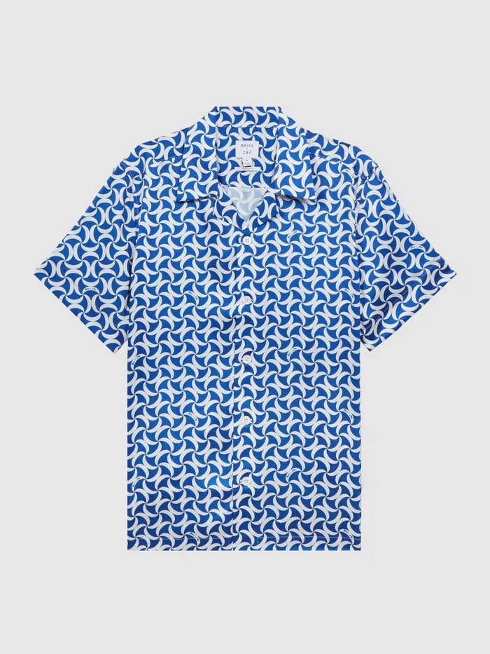 Reiss Shirts Raith Reiss Ch Printed Cuban Collar ButtonThrough Shirt Bright Bluewhite 8211 Men