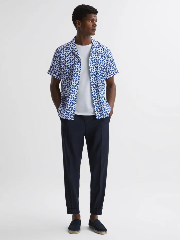 Reiss Shirts Raith Reiss Ch Printed Cuban Collar ButtonThrough Shirt Bright Bluewhite 8211 Men