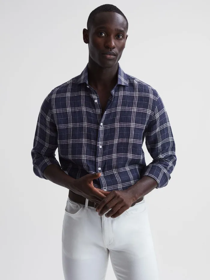 Reiss Shirts Ruban Linen Long Sleeve Shirt Blue Check 8211 Men