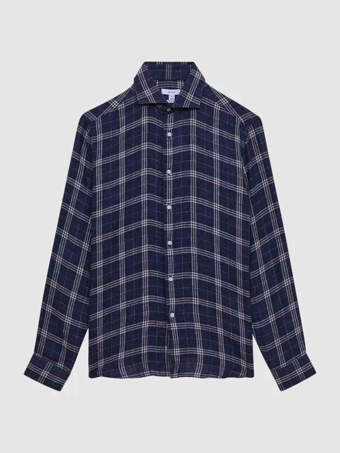 Reiss Shirts Ruban Linen Long Sleeve Shirt Blue Check 8211 Men