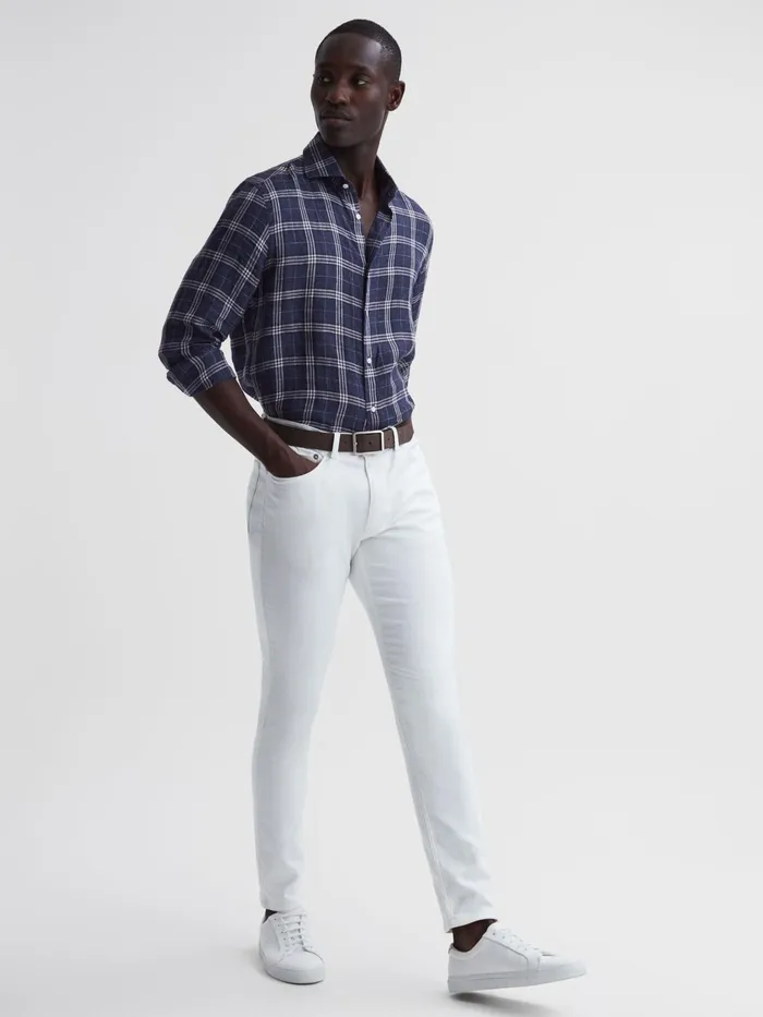 Reiss Shirts Ruban Linen Long Sleeve Shirt Blue Check 8211 Men